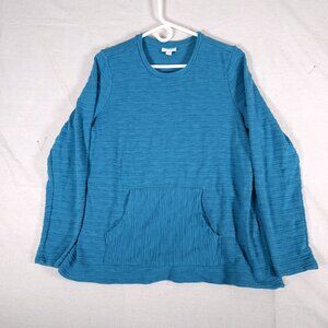 J Jill Lagenlook Blue Textured Knit Top Medium Long Sleeve Kangaroo Pocket Artsy